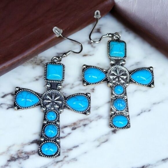 Boutique Jewelry - Large Cross Earrings Bohemian Turquoise Pierced Tribal Cowboy Western Jewelry